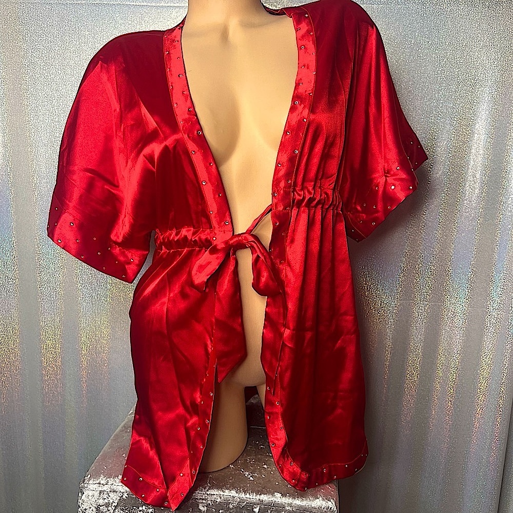 La senza kimono bling robe silky satiny feel red crystals rhinestones tie up